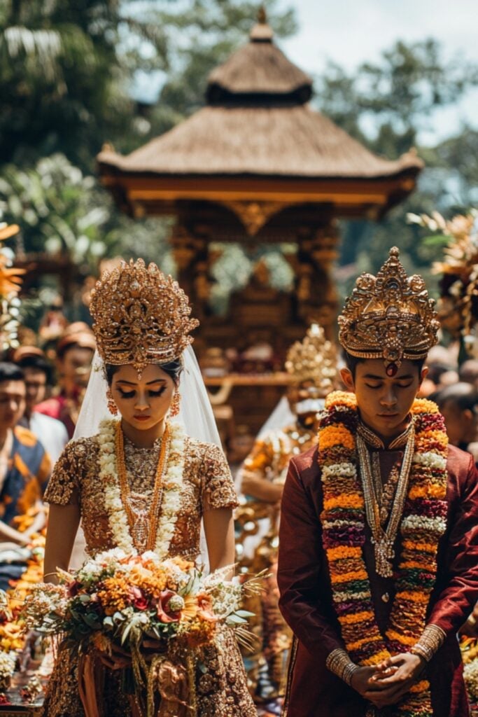 A traditional wedding ceremony in a meaningful location, adorned with cultural decorations and guests in traditional attire.