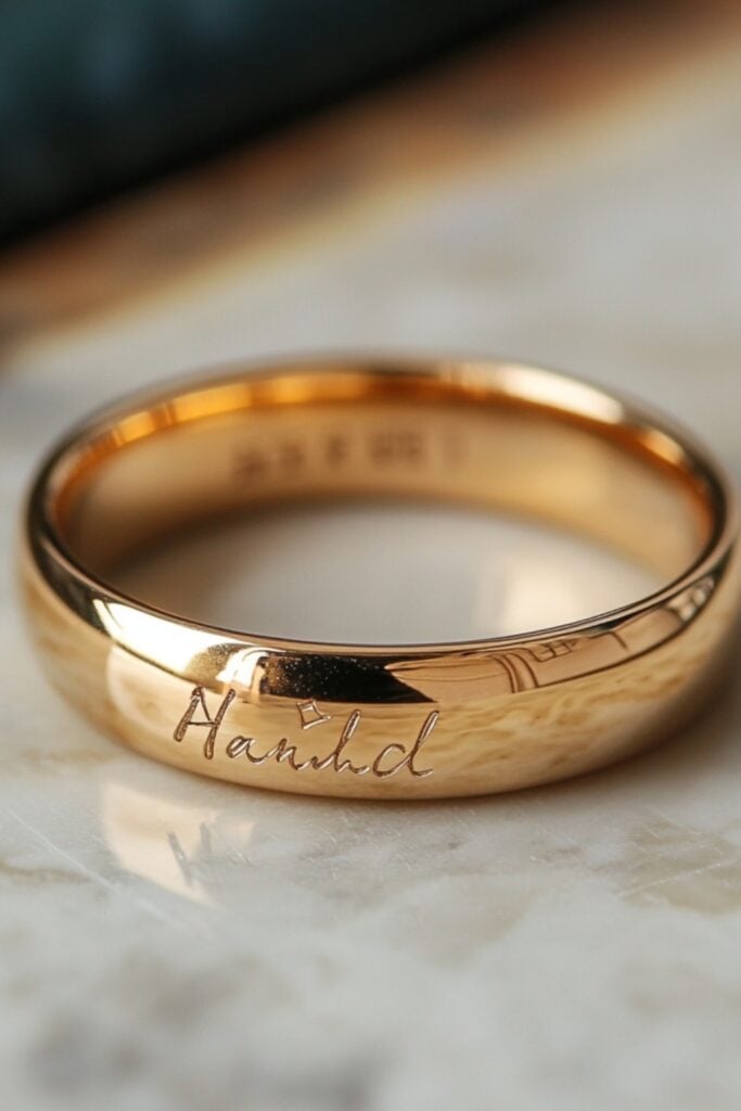 A yellow gold band with a custom engraving of initials and a meaningful date on the interior, adding a personal touch.