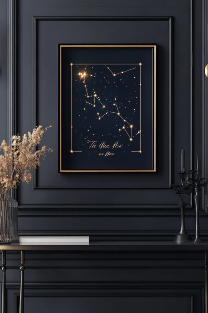 A framed custom star map with constellations on a dark navy background, featuring the caption 'The Night We Met' in elegant cursive text.