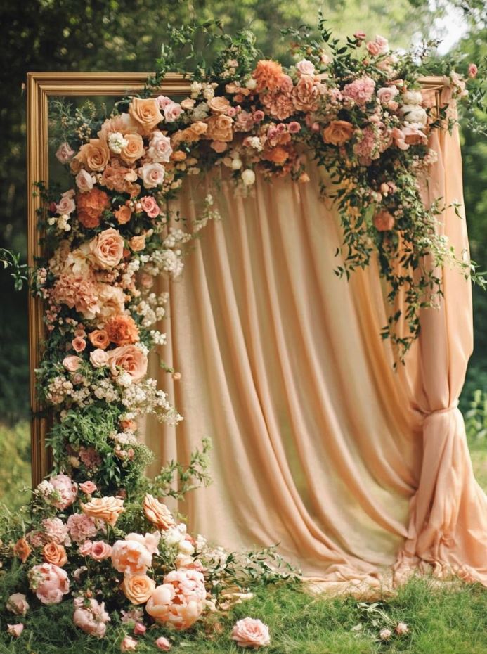 A personalized wedding backdrop made of flowers, fabric, or wooden frames serves as a striking focal point for photos, creating a unique and memorable setting for vows or celebrations.