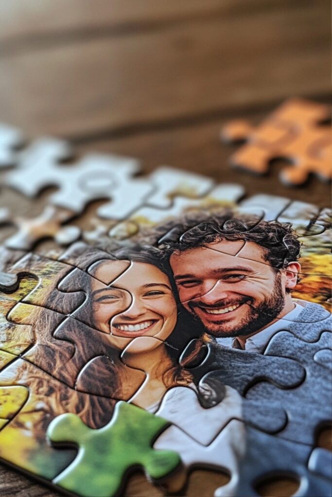 A nearly completed puzzle featuring a smiling couple’s photo, with a few remaining pieces placed nearby on a wooden table.