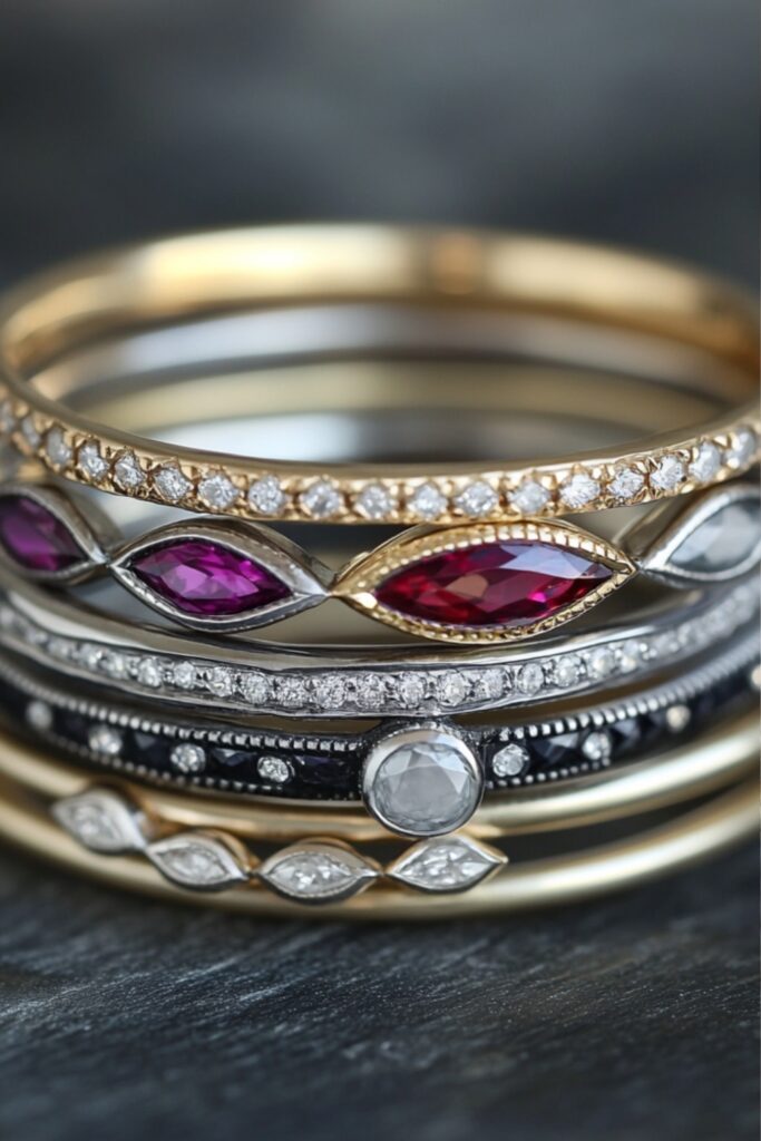 A marquise wedding stack featuring mixed metals, colorful gemstones, and unique design elements like eternity bands for a personalized and creative look.