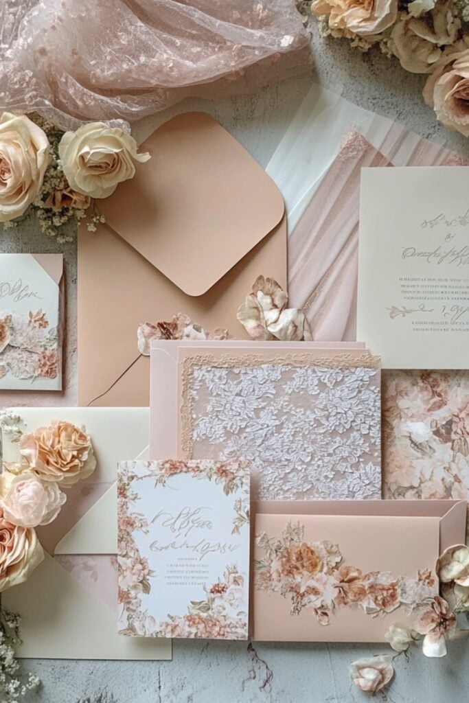A flat lay of handmade wedding invitations with elegant floral designs, crafted on cardstock with decorative envelopes.