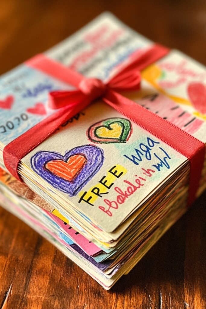 A stack of handmade love coupons tied with a red ribbon, featuring colorful drawings and phrases like 'Free Hug' and 'Breakfast in Bed.