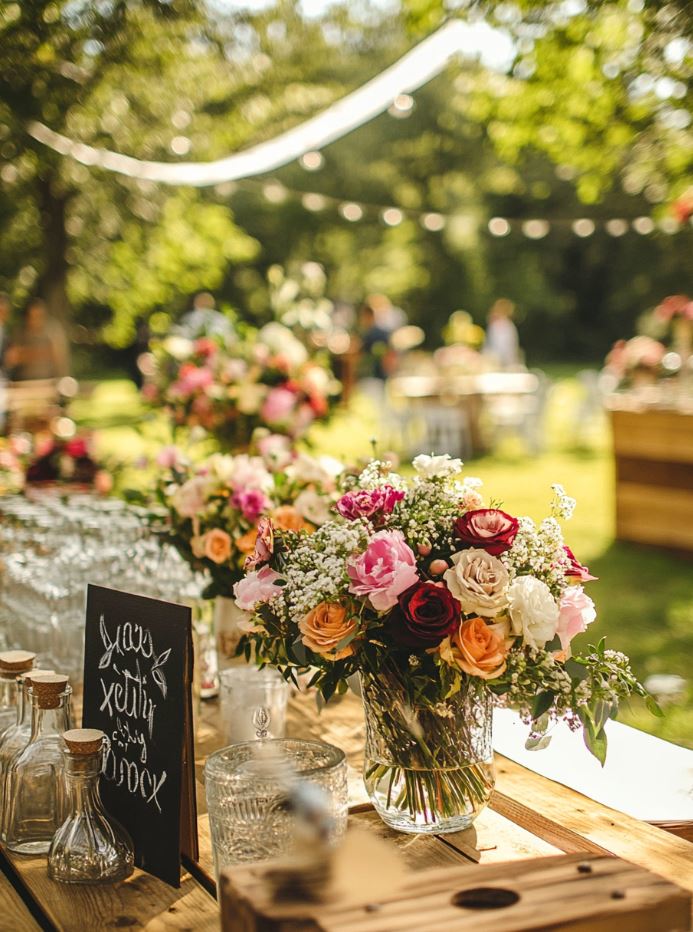 DIY wedding decorations, including hand-painted wooden signs and homemade flower arrangements, giving a personal and creative touch to a backyard wedding reception.