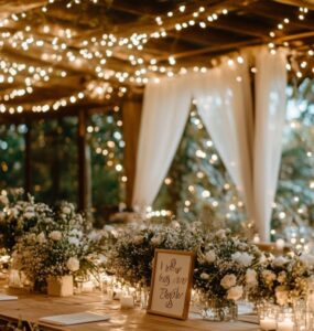A wedding venue featuring handmade decorations, including personalized signs, floral arrangements, and ambient lighting, creating a memorable and heartfelt atmosphere.