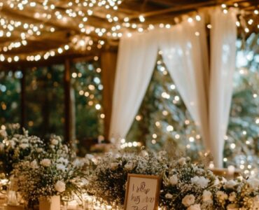 A wedding venue featuring handmade decorations, including personalized signs, floral arrangements, and ambient lighting, creating a memorable and heartfelt atmosphere.
