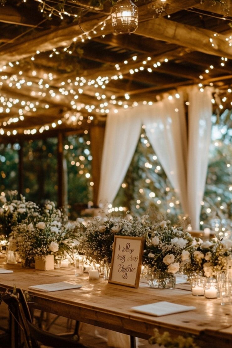 A wedding venue featuring handmade decorations, including personalized signs, floral arrangements, and ambient lighting, creating a memorable and heartfelt atmosphere.