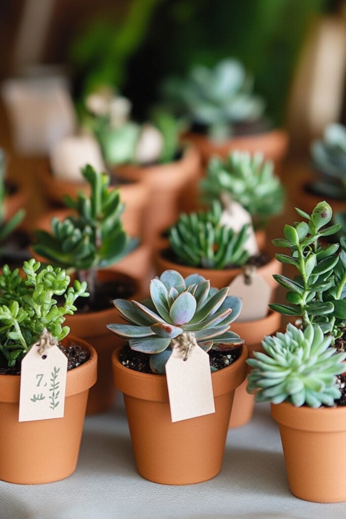 Small potted succulents with custom thank-you tags arranged on a table, doubling as wedding favors and decorative pieces.