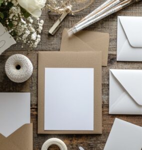 A flat lay of wedding invitation supplies, including blank cards, envelopes, ribbons, and calligraphy pens, on a rustic wooden table, symbolizing the creative process of making DIY wedding invitations.