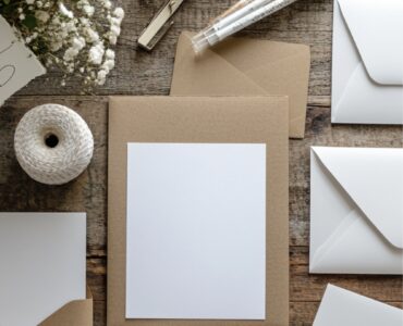 A flat lay of wedding invitation supplies, including blank cards, envelopes, ribbons, and calligraphy pens, on a rustic wooden table, symbolizing the creative process of making DIY wedding invitations.