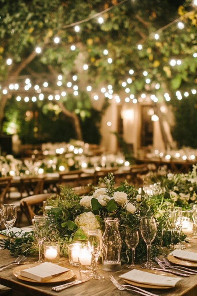 A romantic backyard reception with twinkling string lights, wooden tables adorned with greenery, and candles creating a warm atmosphere.