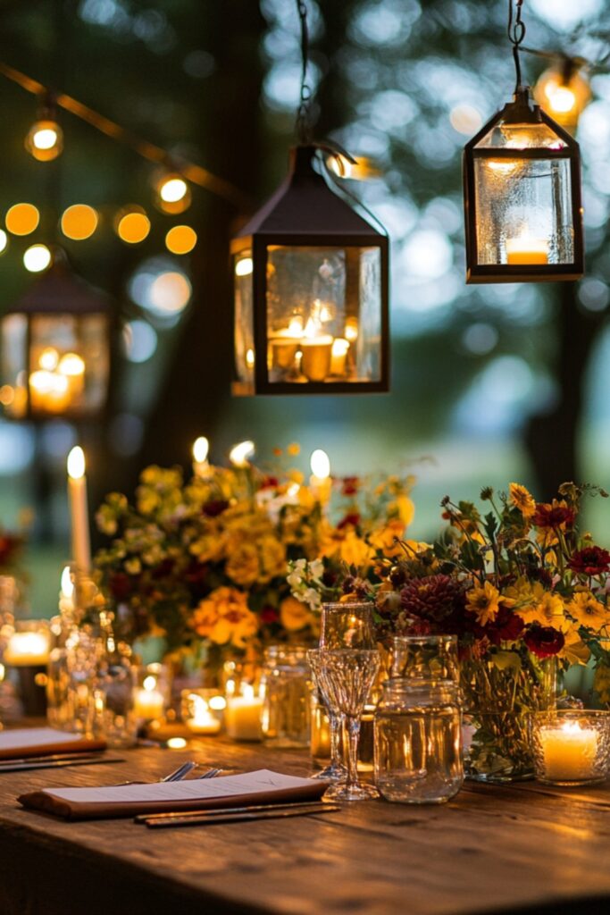 String lights and lanterns hanging above a rustic wedding table adorned with mason jars, candles, and floral centerpieces.