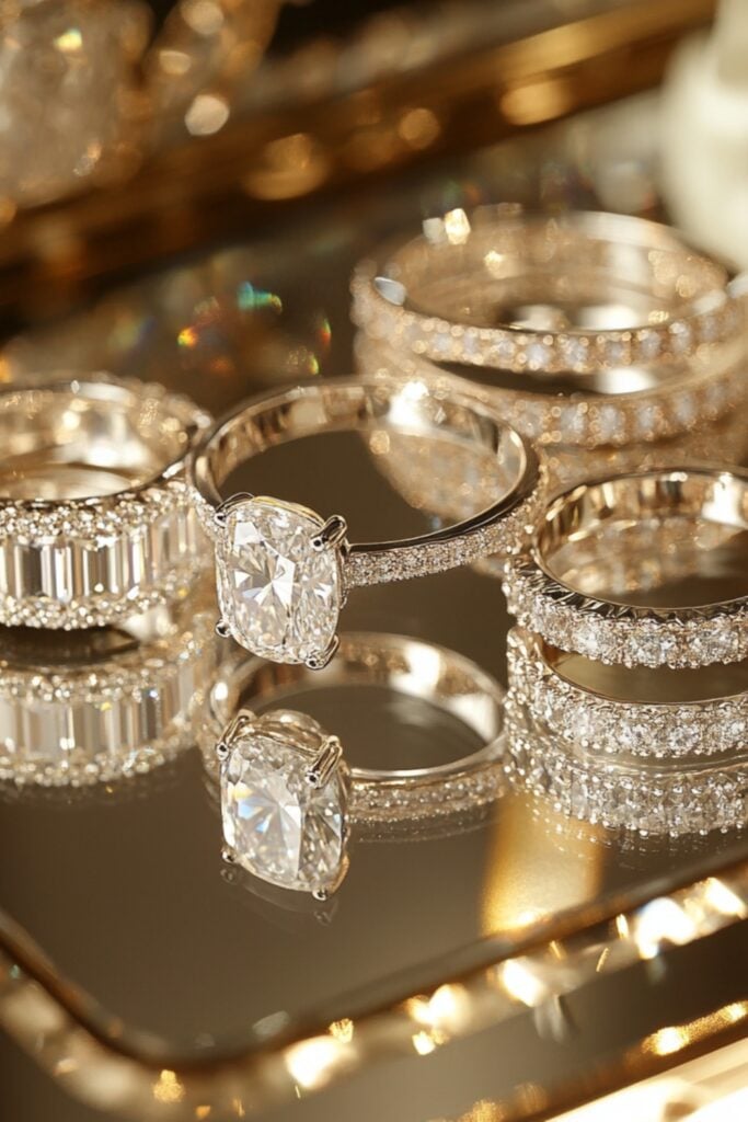 A dazzling collection of rings, including a solitaire engagement ring and diamond eternity bands, radiating luxury and brilliance on a mirrored tray.