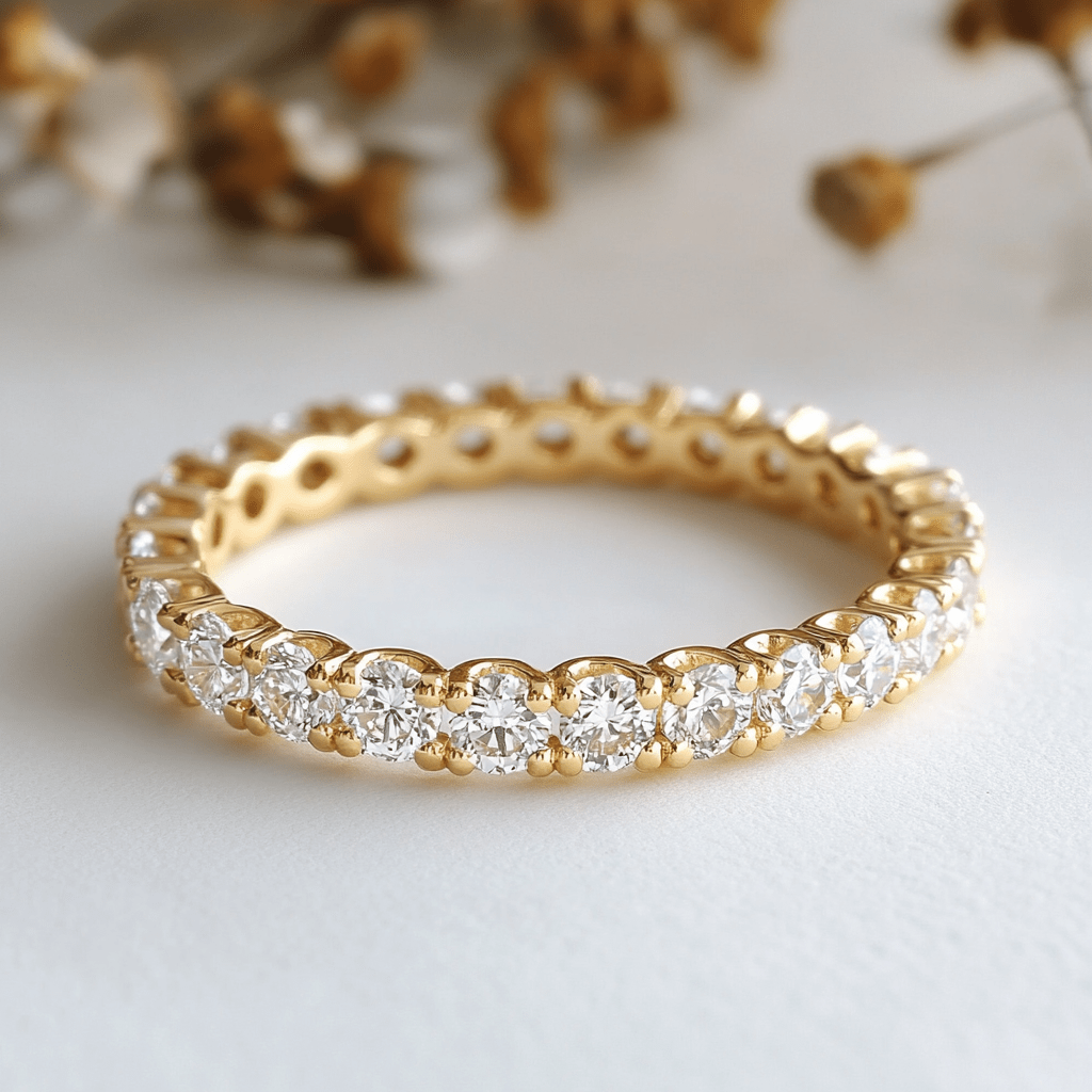 A dazzling yellow gold band with small diamonds set in an eternity style, adding brilliance and sophistication.