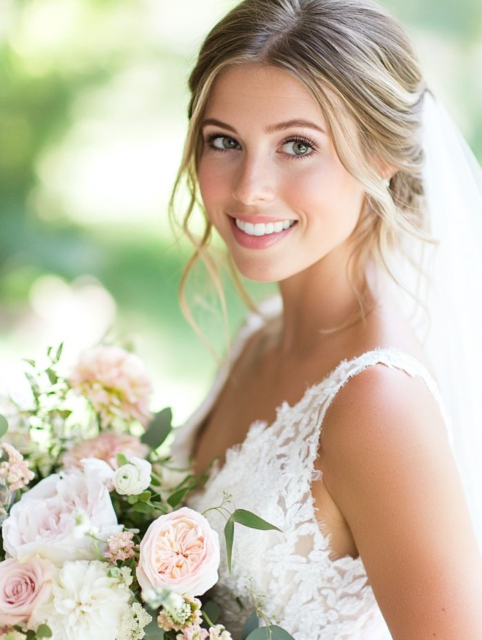 A bride styling her own hair and makeup, or having a friend assist, showcasing a budget-friendly way to look fabulous without hiring professional services.