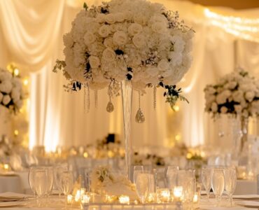 A wedding setup featuring elegant decorations made from affordable Dollar Tree items. The focus is on achieving sophistication through budget-friendly, DIY techniques like centerpieces, backdrops, lighting, and favors.