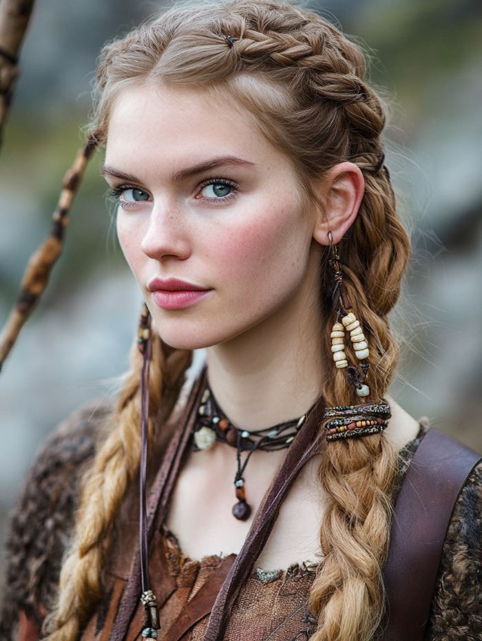 Charming double braided pigtails tied with leather straps and beads, combining playful and traditional Viking elements for an authentic bridal look.