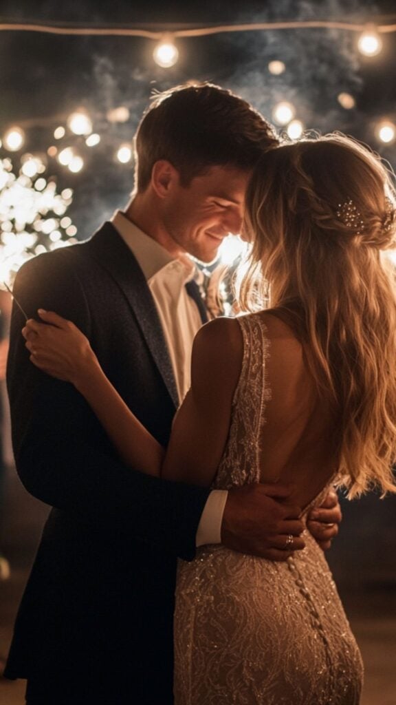 A couple surrounded by glowing sparklers at night, with string lights softly illuminating the scene for a magical, romantic effect.