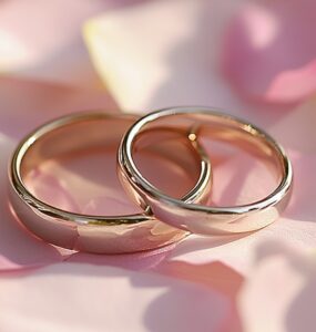 A pair of intertwined wedding rings resting on a romantic background of soft pink petals, representing everlasting love and commitment.