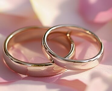 A pair of intertwined wedding rings resting on a romantic background of soft pink petals, representing everlasting love and commitment.