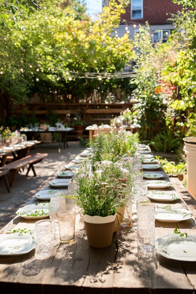 An eco-friendly backyard wedding with potted plants as centerpieces, compostable dinnerware, and recycling bins for guests’ convenience.