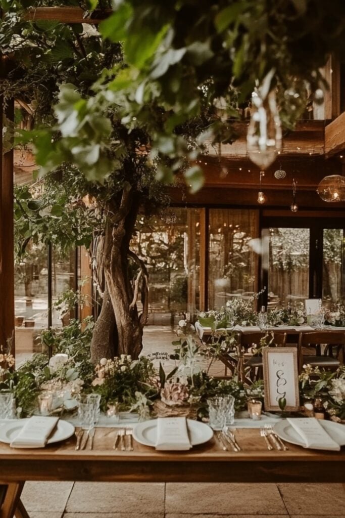 A serene wedding setup at an eco-lodge with natural decor, lush greenery, and eco-conscious details like plantable favors.