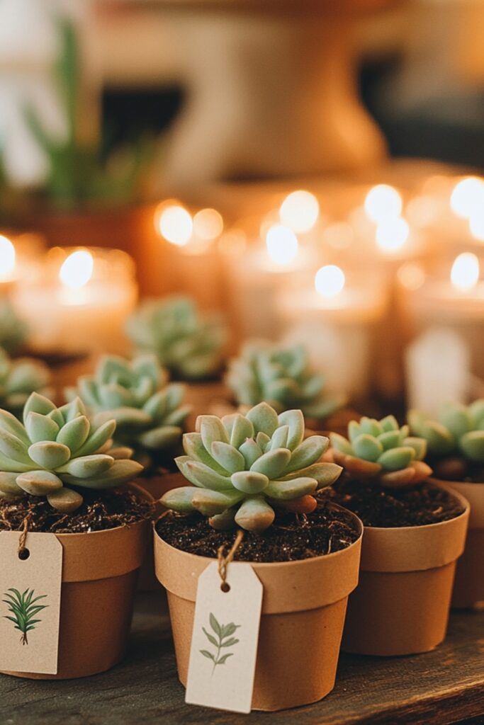 Eco-friendly wedding favors including small potted succulents, wildflower seed packets, and beeswax candles with personalized thank-you tags.