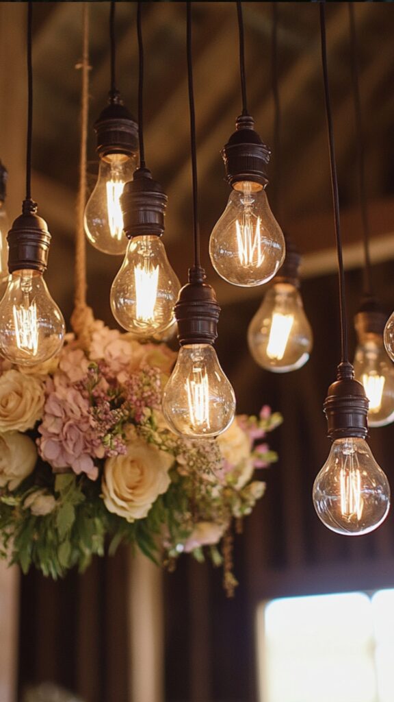 Exposed Edison bulbs hanging in clusters, creating a warm and industrial-rustic lighting effect for a barn wedding.