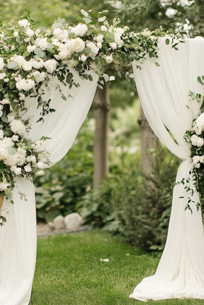 Wedding ceremony arch decorated with lush greenery, white flowers, and soft flowing fabric in a backyard setting.