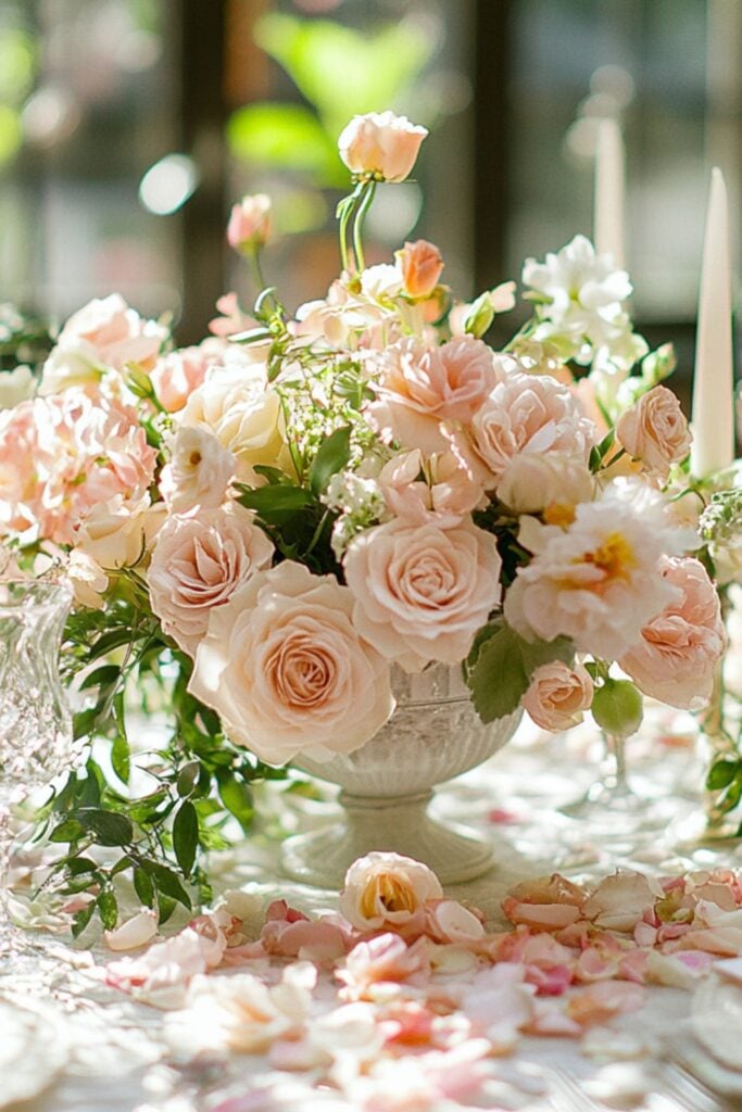 Table set with pastel flower arrangements in glass vases, surrounded by scattered rose petals and greenery for an elegant centerpiece design.