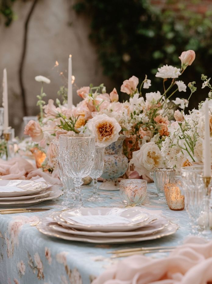 An elegant wedding reception with grand tables dressed in luxurious linens, fine china, crystal glassware, and soft candlelight, creating an intimate and refined atmosphere.