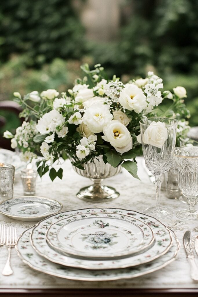 A wedding table set with fine china, crystal glassware, antique silver flatware, and simple white floral centerpieces.