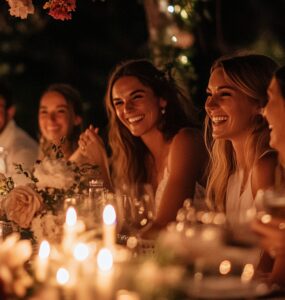 A group of guests celebrating at an engagement party, surrounded by glowing candles, floral decorations, and romantic lighting, creating lasting memories.