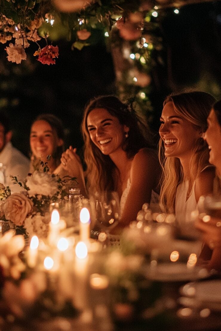 A group of guests celebrating at an engagement party, surrounded by glowing candles, floral decorations, and romantic lighting, creating lasting memories.