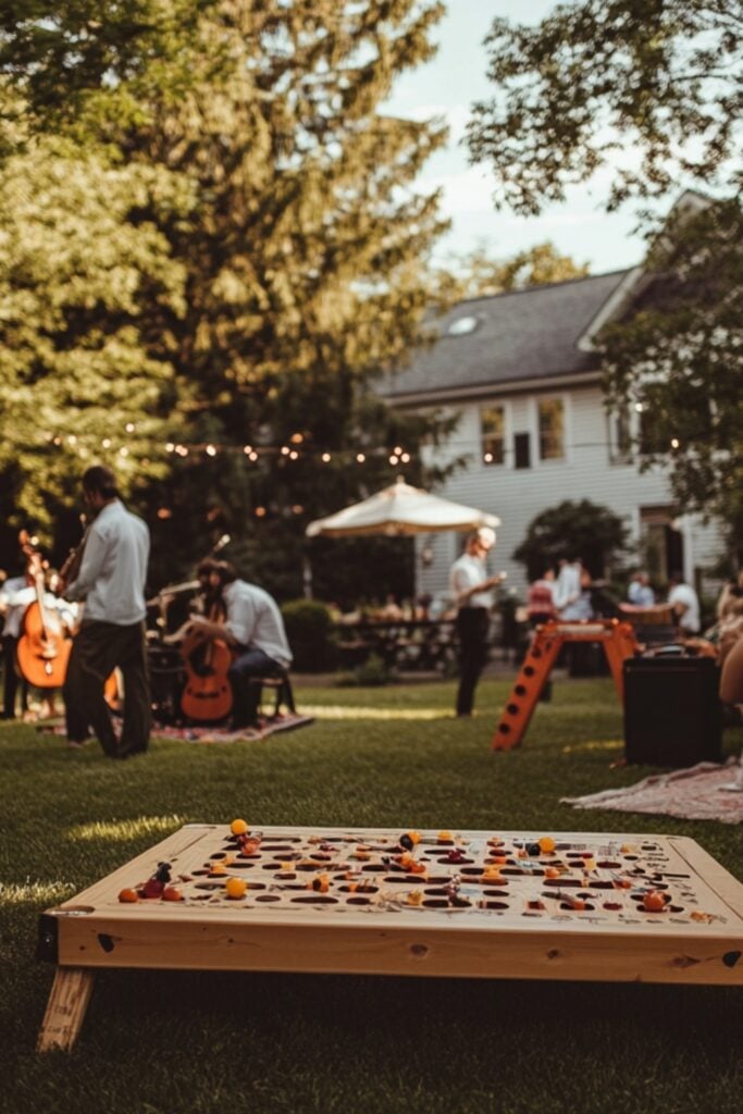Guests enjoying lawn games like cornhole and giant Jenga at a backyard wedding, with a musician performing in the background.