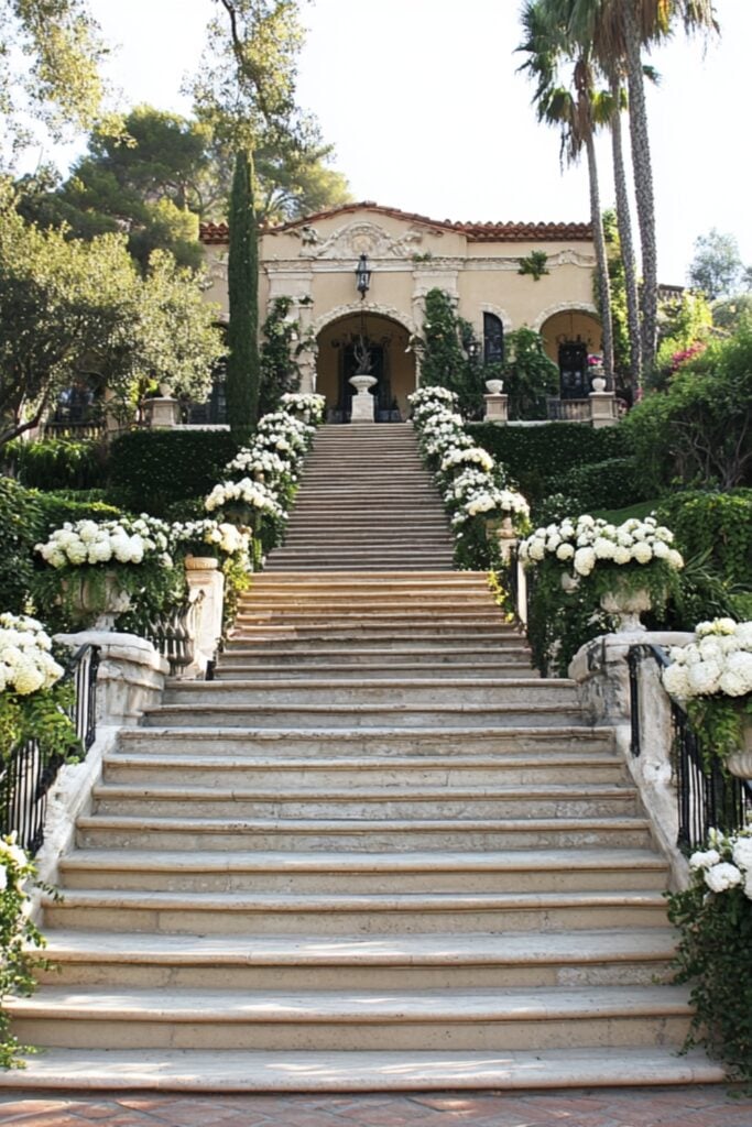 A stately estate with a grand staircase, historic architecture, and manicured gardens, providing a luxurious old-world wedding setting.
