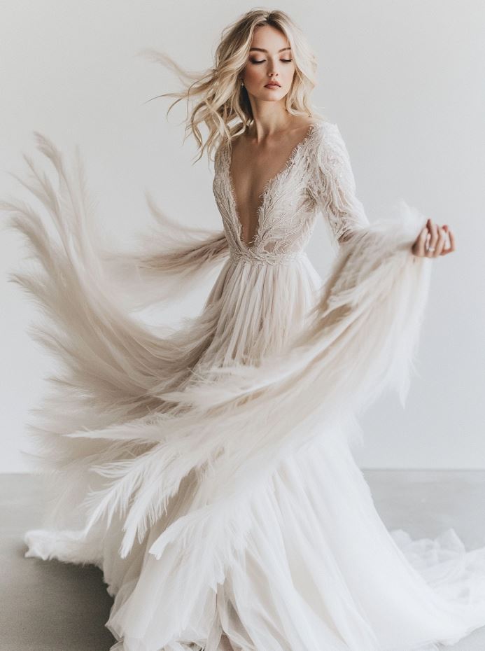 A wedding gown adorned with feather details on the hemline, sleeves, or shoulders, adding texture and movement to the design. This bold, dramatic style is perfect for brides looking for a luxurious, show-stopping look, especially for evening or black-tie weddings, allowing the feathers to be the focal point.