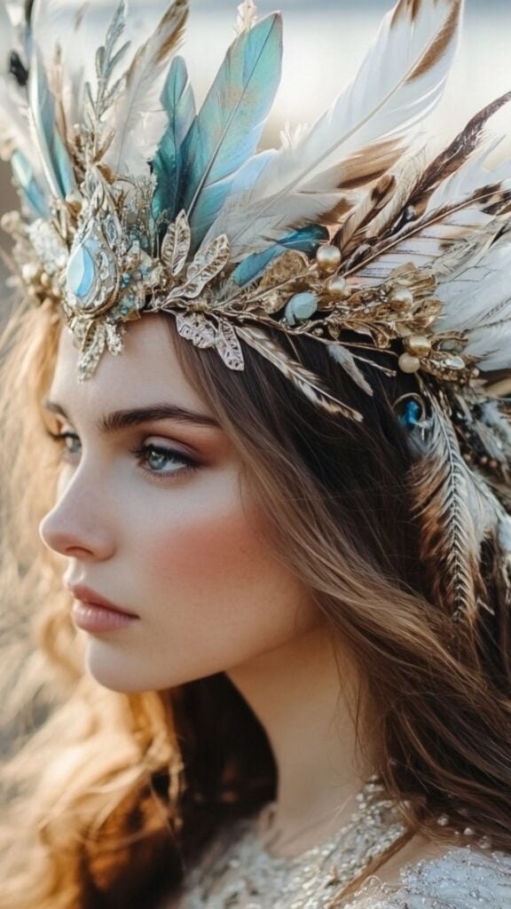 A lightweight Viking bridal crown crafted with feathers from sacred birds, signifying freedom and spiritual blessings, ideal for a bohemian Norse wedding.