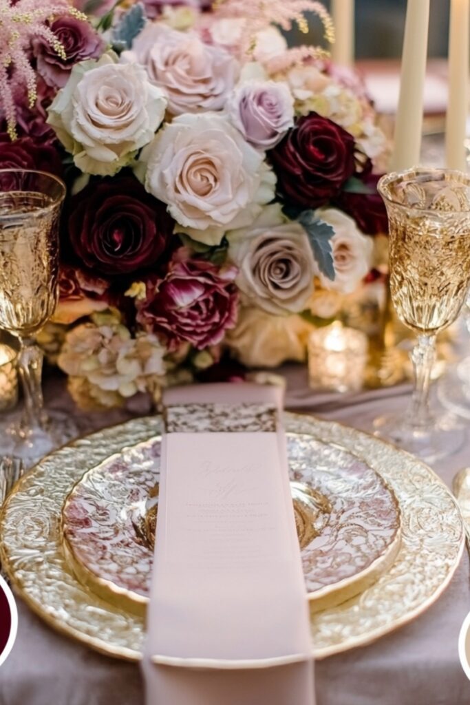 Elegant February wedding color palette with blush pink, burgundy, and gold accents, creating a warm and romantic atmosphere.