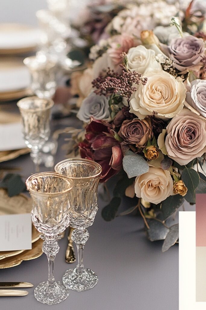 Unique February wedding colors including dusty rose, grey, and gold for a soft and elegant wedding theme.