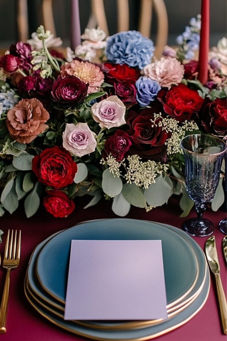 A romantic February wedding setup featuring a color palette swatch with vibrant red, serene blue, elegant purple, and lush green hues, symbolizing love and charm.