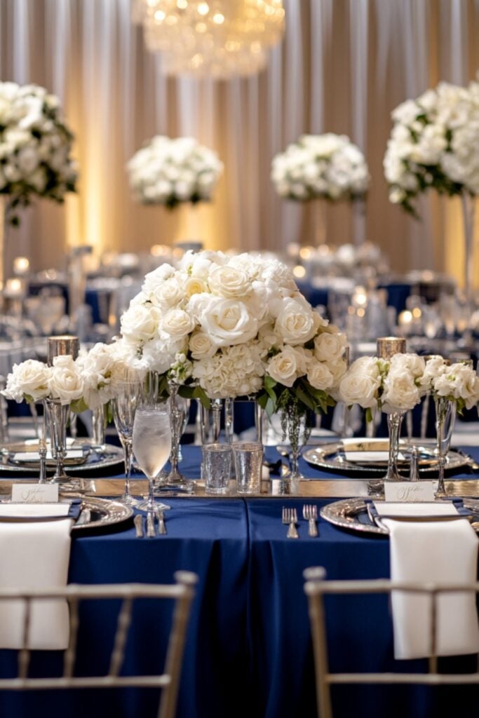 A romantic February wedding setup featuring a blue-themed table with navy linens, white florals, and silver accents for a serene and elegant atmosphere.