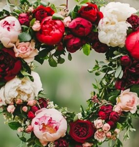 Heart-shaped floral wreath featuring red and pink roses, peonies, and greenery, hanging as a romantic decoration for a February wedding.