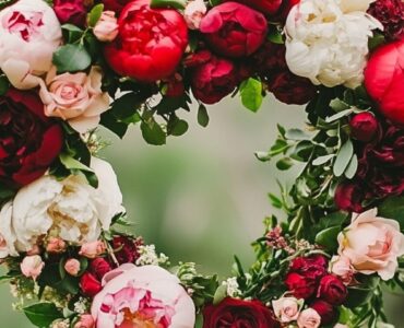 Heart-shaped floral wreath featuring red and pink roses, peonies, and greenery, hanging as a romantic decoration for a February wedding.