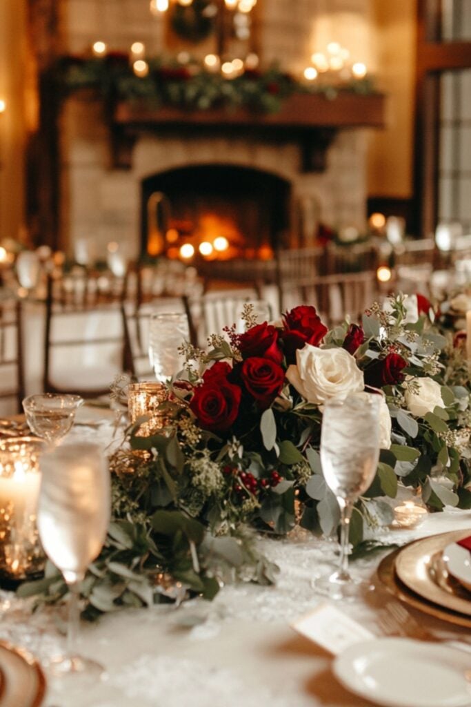 Romantic February wedding decorations featuring candlelit tables, frosted greenery, and red rose centerpieces for a winter-inspired celebration.