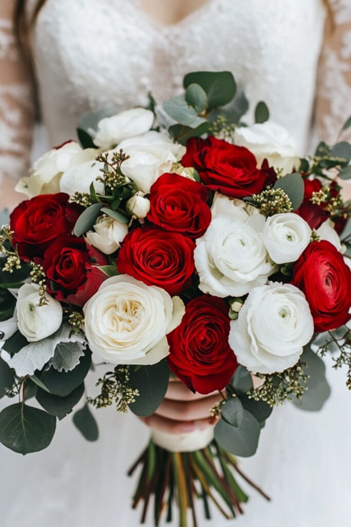 February bridal bouquet with red roses, ivory ranunculus, and eucalyptus accents for a romantic winter wedding look.