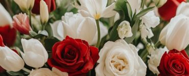 A romantic February wedding scene featuring a beautifully arranged floral centerpiece with red roses, white tulips, and soft greenery, symbolizing love and elegance.