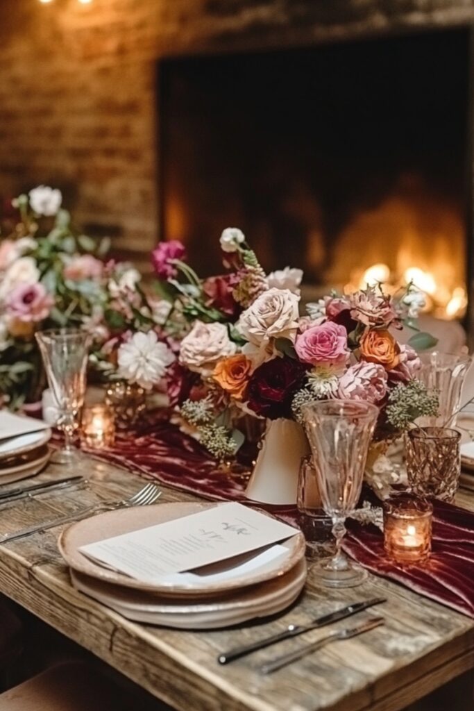 Cozy February wedding reception setup with a fireplace backdrop, velvet table runners, and a rich winter menu.