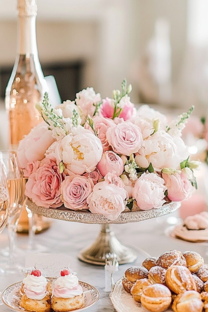 Parisian-themed February wedding shower featuring pastel decor, French pastries, and sparkling rosé for a romantic vibe.